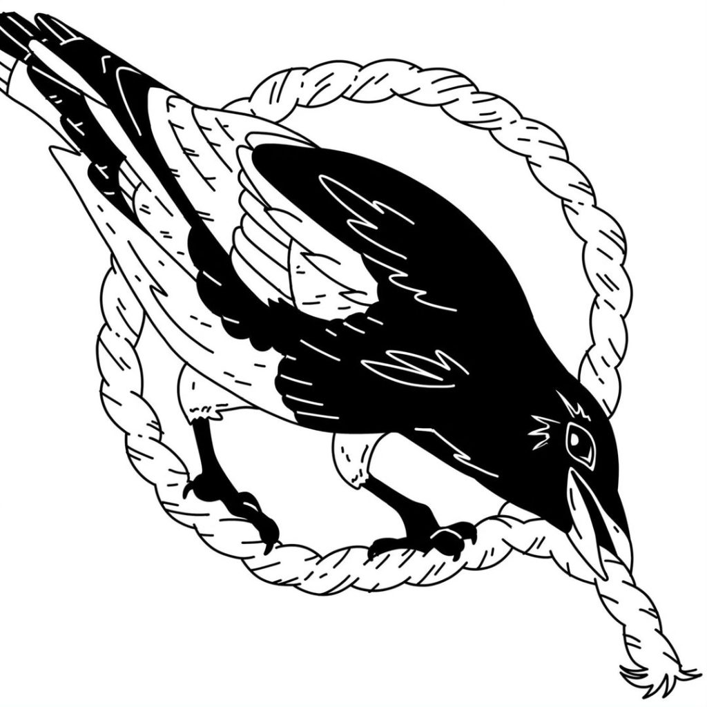 A magpie in a circle of rope